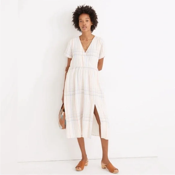 Madewell Linen Blend Clara Pastel Plaid Midi Dress M - Picture 2 of 10